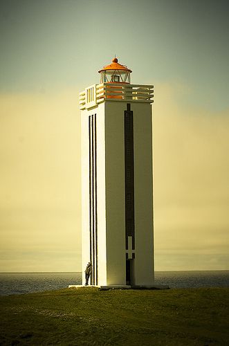 Art deco-style lighthouse in Kálfshamarsvík, Iceland, by Vilhjálmur Ingi Vilhjálmsson.