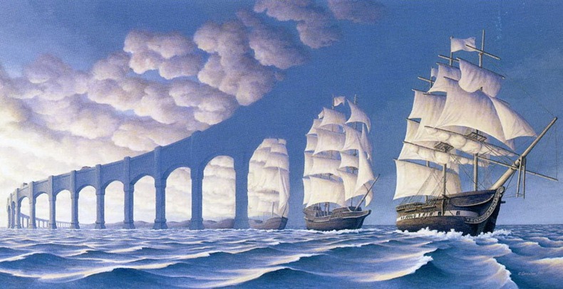 Canadian painter Rob Gonsalves surrealistic paintings portray two seemingly different realistic scenes merging into one. As a result, the term Magic Realism describes his work accurately.