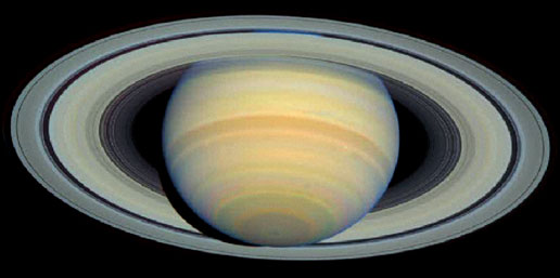 Taken by Hubble telescope in March 2003, Saturn’s rings are shown at maximum tilt toward Earth, occurring only every 15 years.