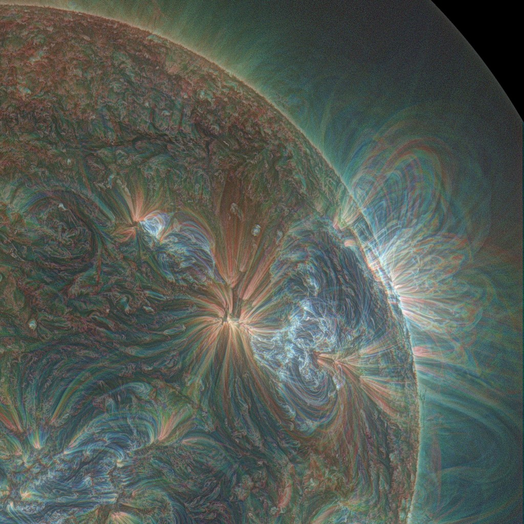 This psychedelic-looking composite image of the sun taken by NASA’s Solar Dynamics Observatory (Little SDO) shows a series of significant solar eruptions that occurred over a period of three days in January of 2013. The photo was created using three wavelengths of light that have been colorized in red, green, and blue to better show the dynamics of each eruption.