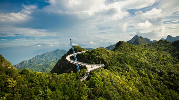 Langkawi Sky Bridge, a 125m-long curving cable bridge atop Gunung Mat Cincang mountain on Pulau Langkawi island. Malaysia