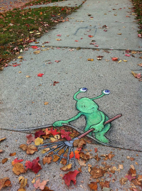 By David Zinn. His temporary street art is composed entirely of chalk, charcoal and found objects, and is always improvised on location. Most of these drawings have appeared on sidewalks in Ann Arbor and elsewhere in Michigan, but some have surfaced as far away as subway platforms in Manhattan and construction debris in the Sonoran Desert. One of his most famous character is Sluggo the green, stalk-eyed alien. 