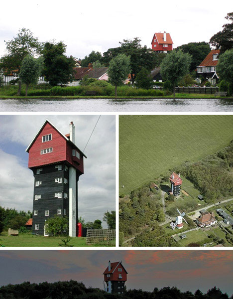 The “House in the Clouds” in Thorpeness, Suffolk, is a famous landmark in the area. Built by Braithwaite Engineering Company of London in 1923, it was constructed with the purpose of supplying water to the village of Thorpeness. Its water tank had a capacity of 50,000 gallons. The water tower was deemed an eyesore and was disguised as a house by Glencairn Stuart Ogilvie and architect F. Forbes Glennie. 
