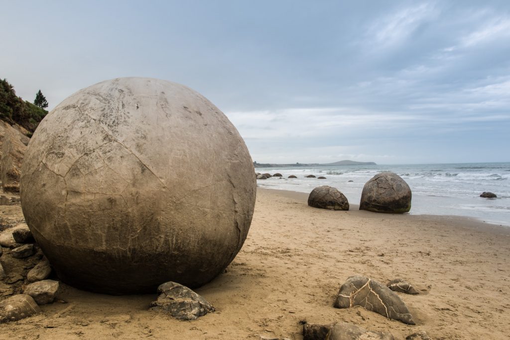 These beach boulders are located at Moeraki, New Zealand and occur naturally.