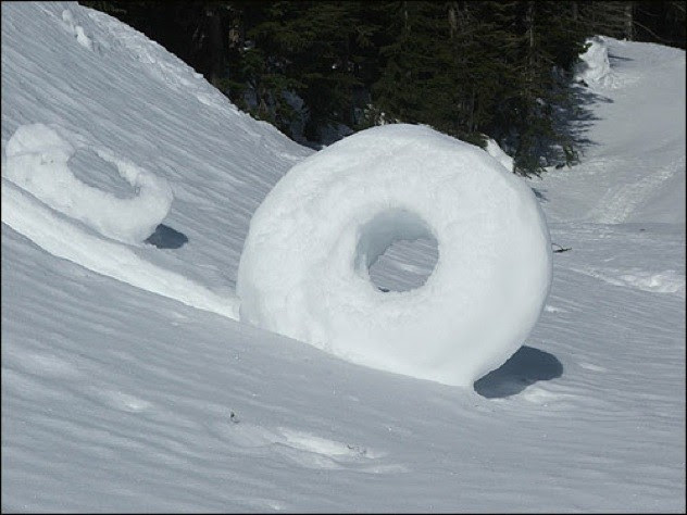 A snow donut is a rare meteorological phenomenon in which large snowballs are formed naturally as chunks of snow are blown along the ground by wind, picking up material along the way, in much the same way that the large snowballs used in snowmen are made. They're very rarely seen because the number of weather conditions that need to be just right for them to form - including wind, temperature, snow, ice, and moisture.