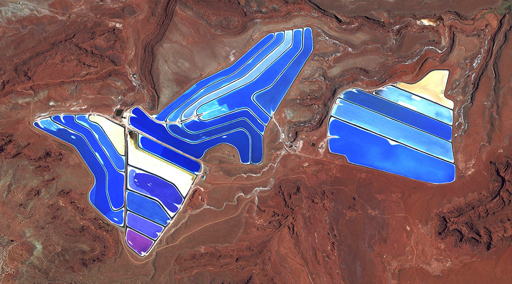 Evaporation ponds are visible at the potash mine in Moab, Utah, USA